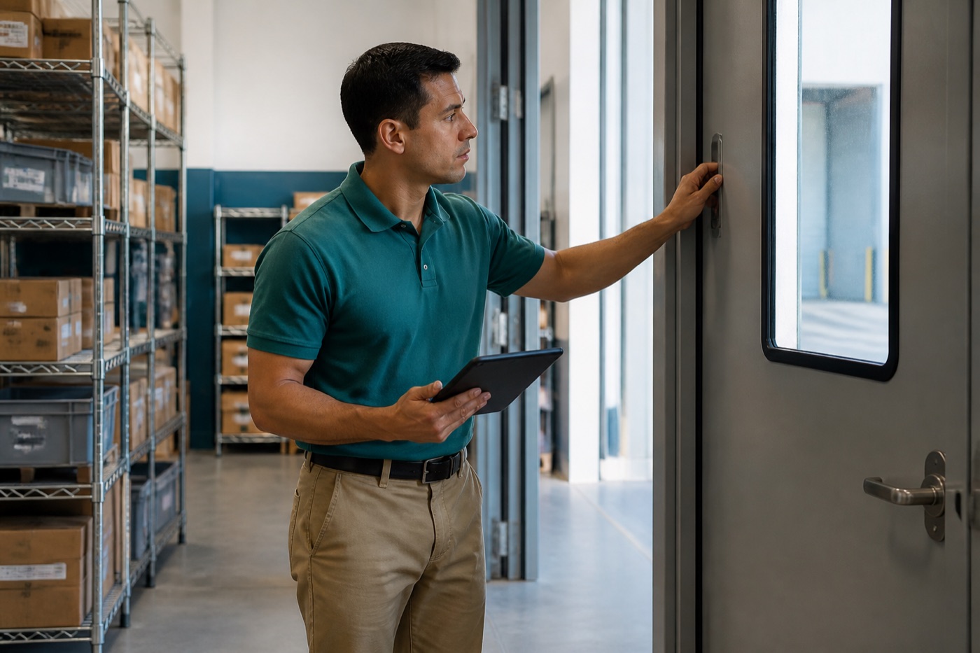 Receiving employee checking a secured loading-area door