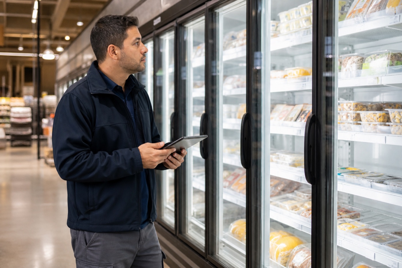 Grocery employee checking refrigerated food after a temperature exception