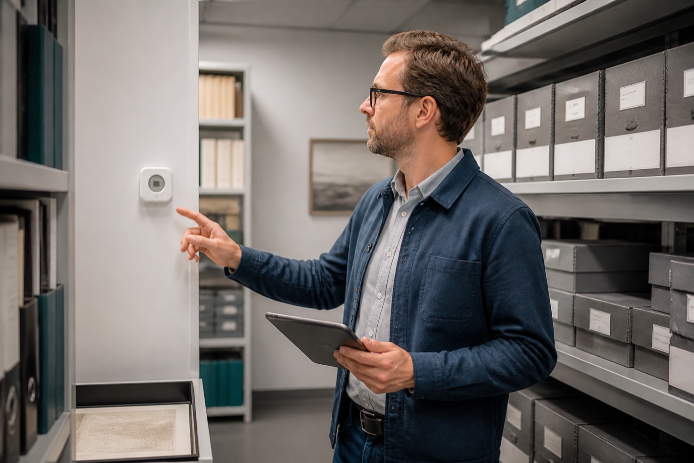Facilities professional reviewing conditions in humidity-sensitive storage