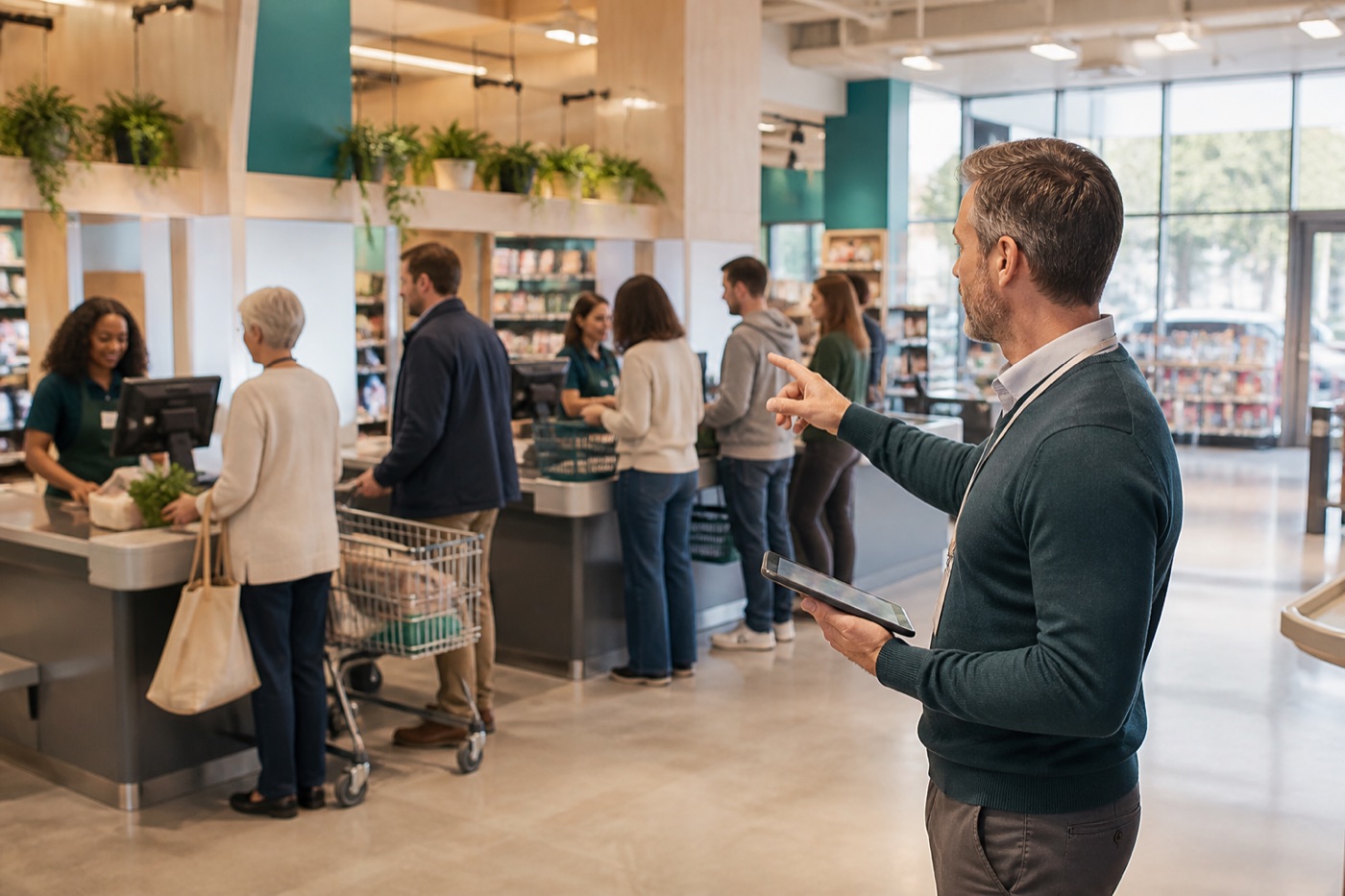Service manager monitoring a checkout queue
