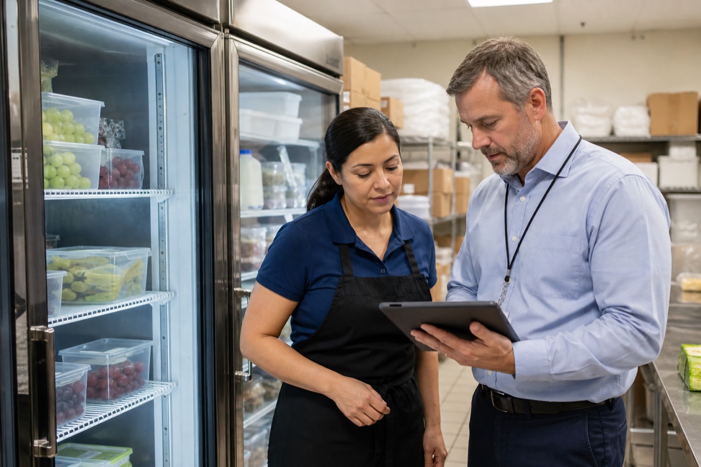 Food safety manager reviewing a refrigeration temperature record