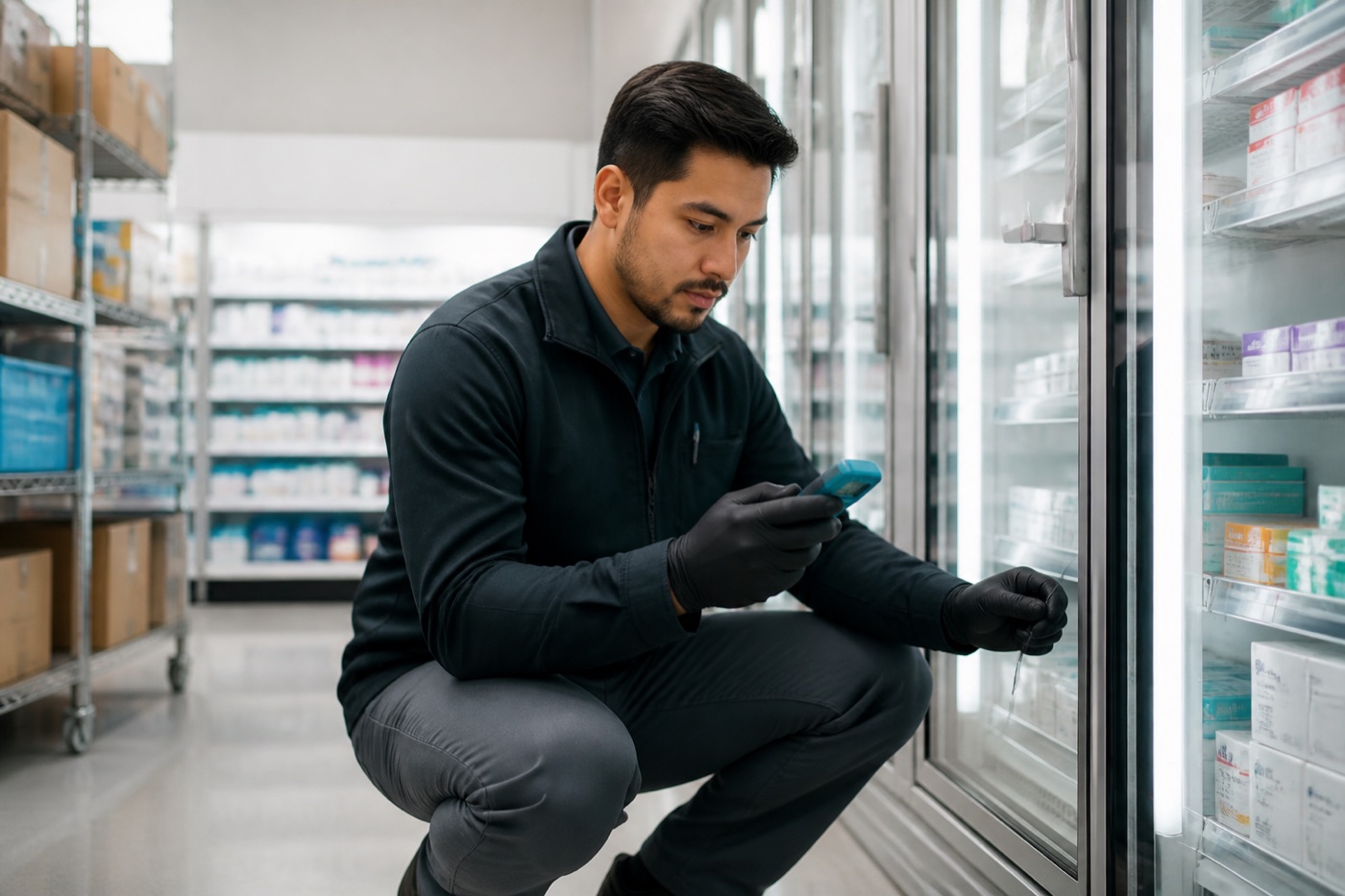 Technician checking cold-storage temperature