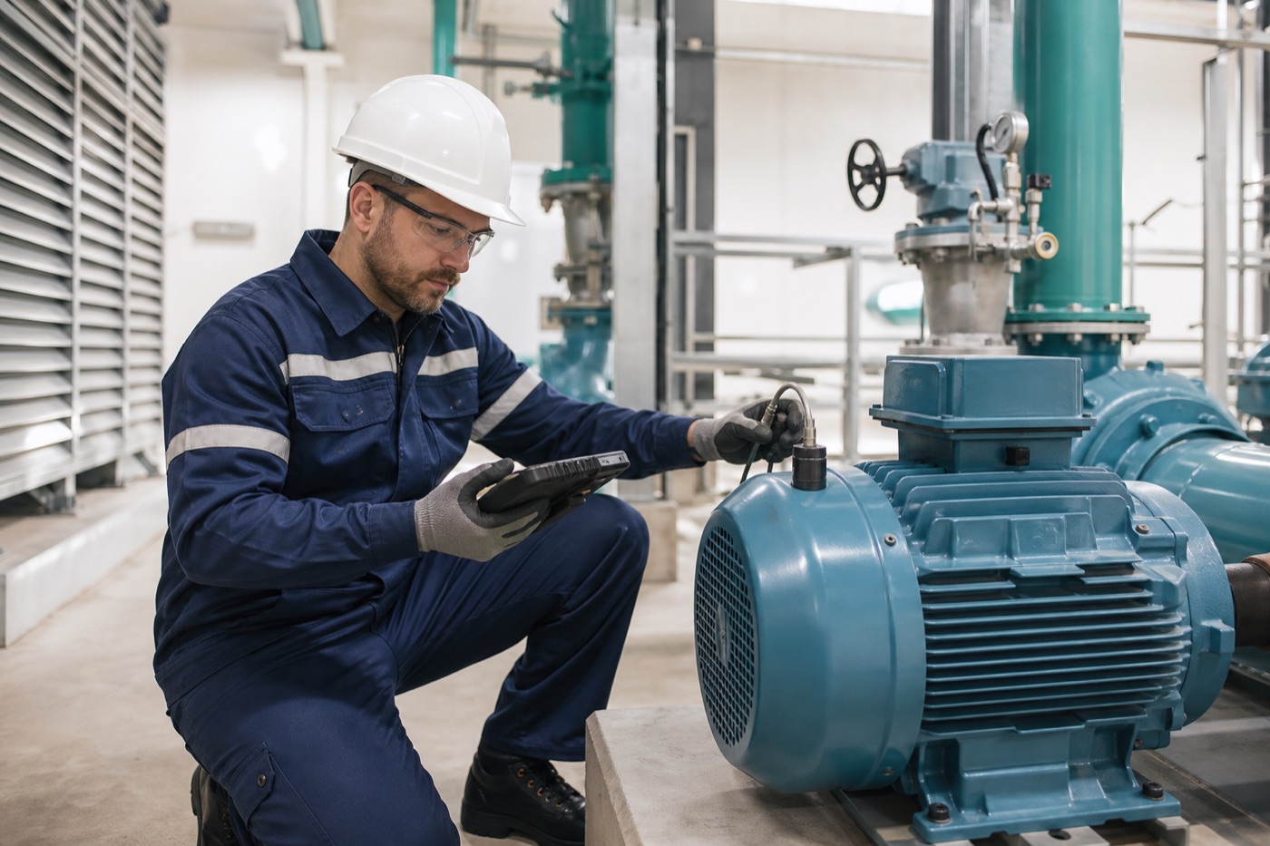 Maintenance technician checking vibration on an industrial motor
