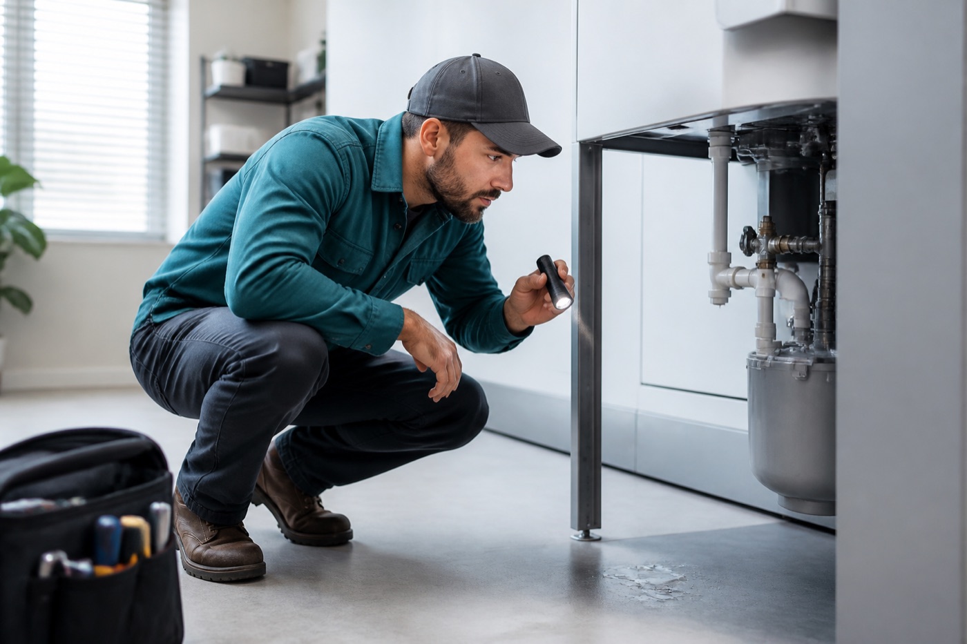 Facilities worker inspecting an early plumbing leak