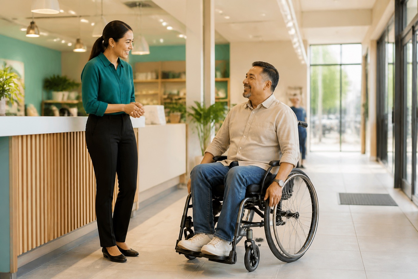 Employee respectfully assisting a wheelchair user