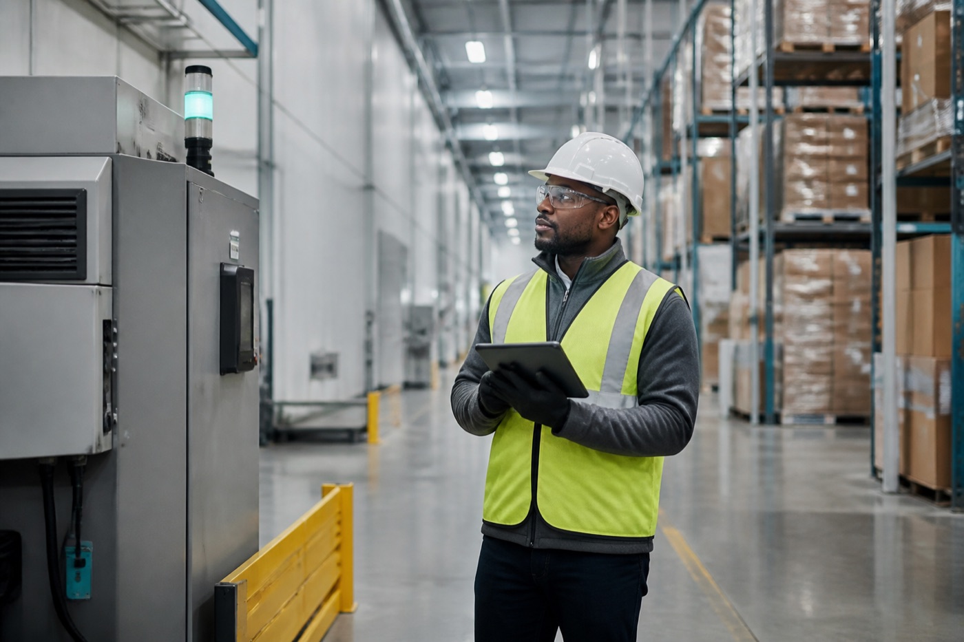 Facilities worker responding to an equipment-area notification
