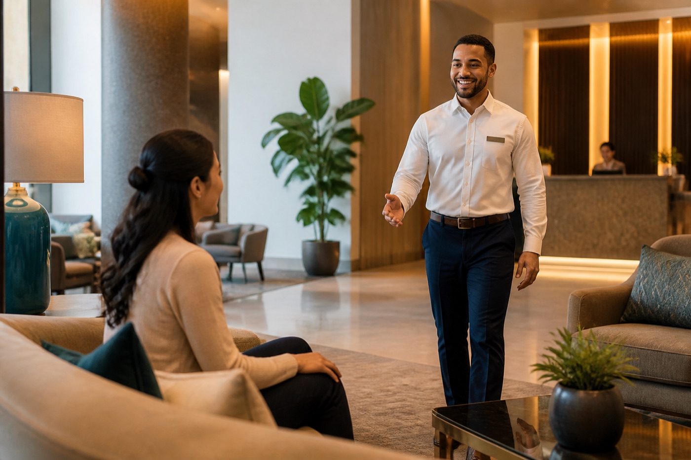 Hospitality employee approaching a guest who requested assistance