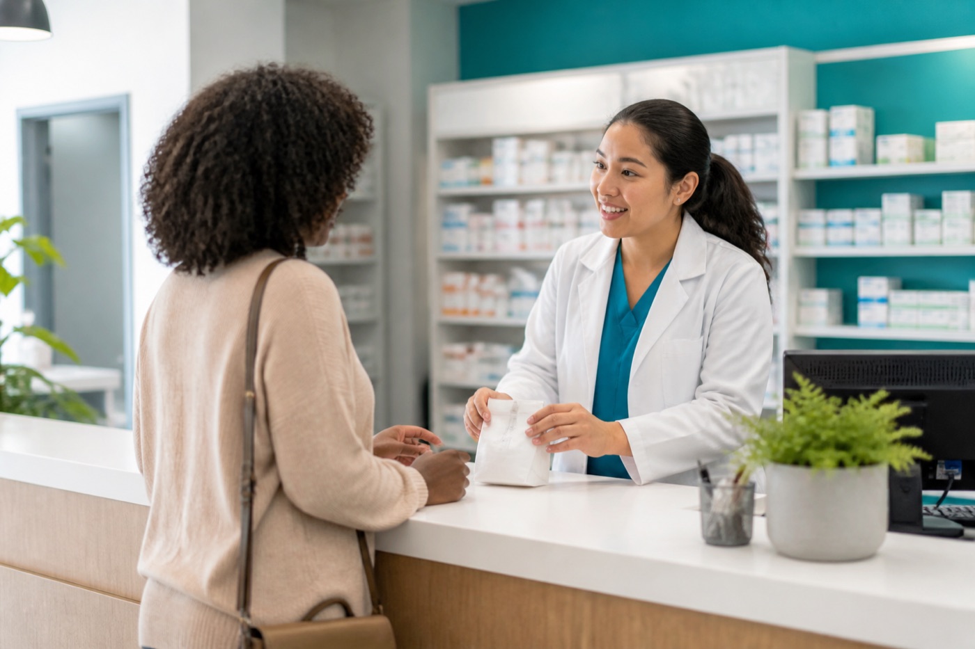 Pharmacist helping a customer at a pickup counter