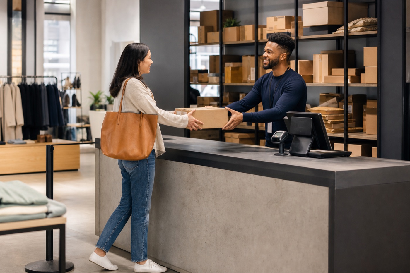 Retail employee assisting at an order pickup and returns counter