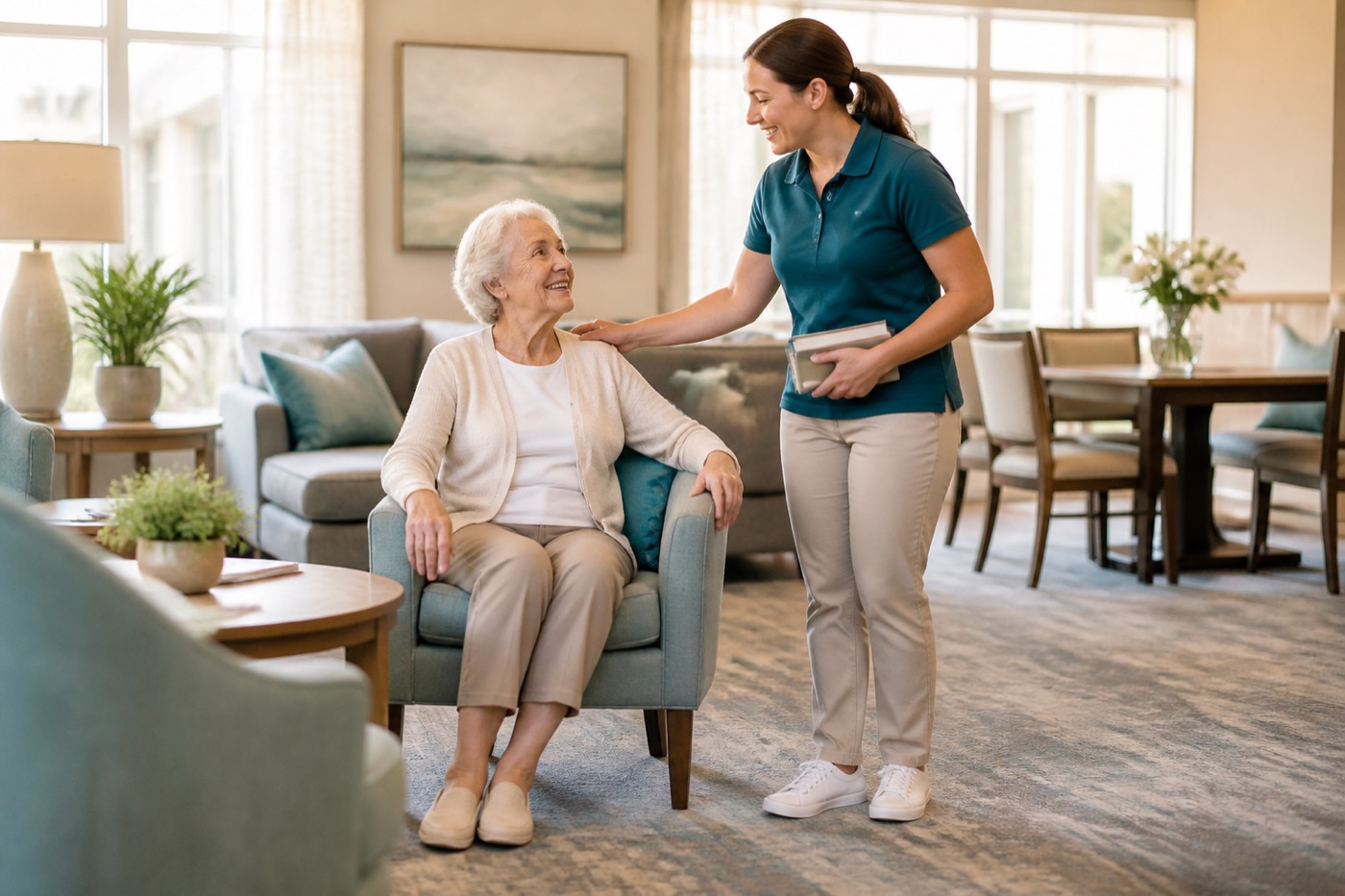 Senior living team member assisting a resident