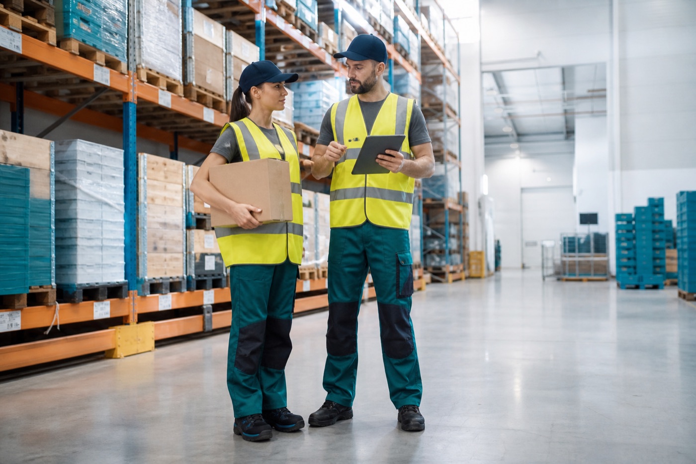 Warehouse employees coordinating a workflow request